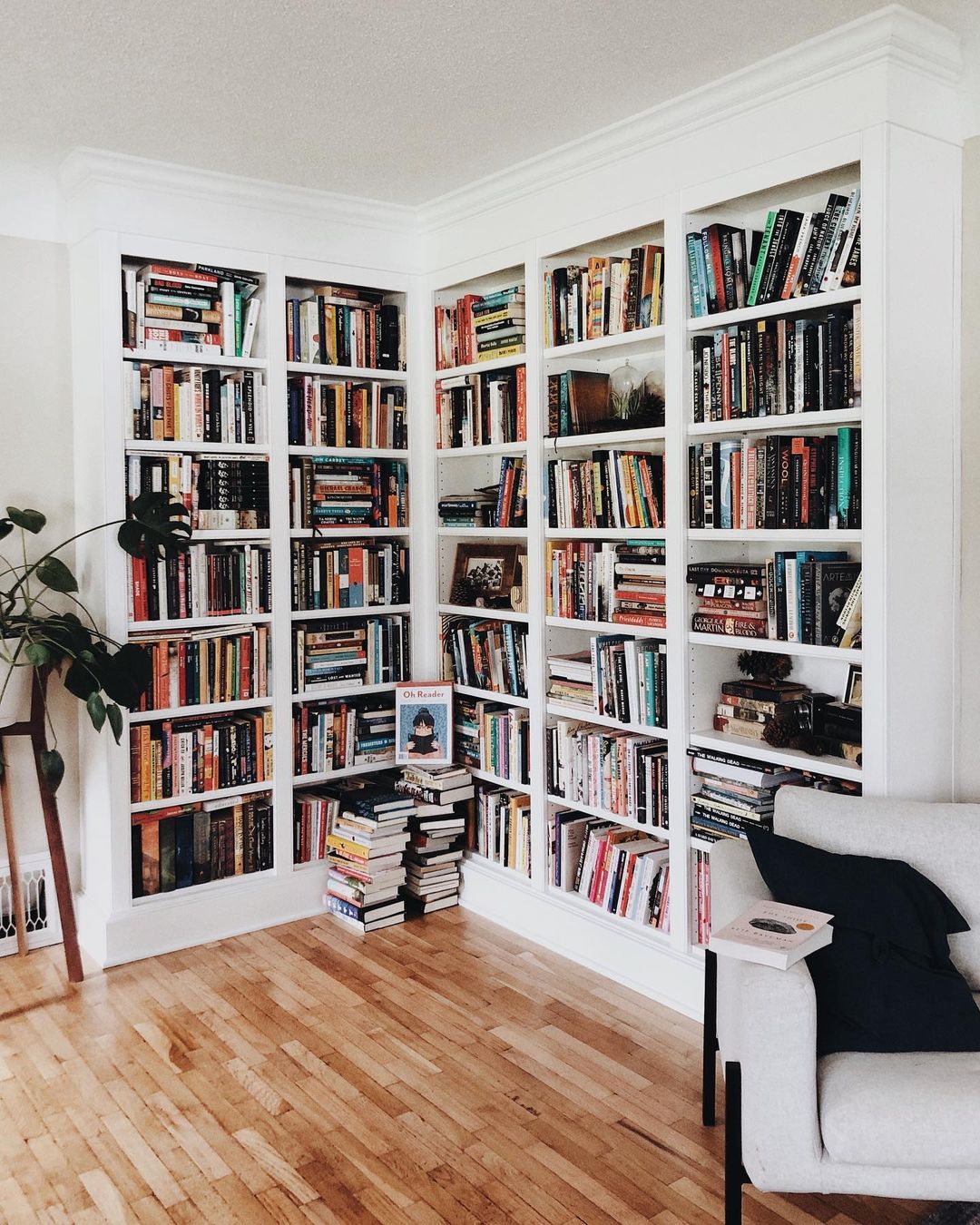 Small Home Library Wall with Lots of Books. Photo by Instagram user @jennareadsbooks