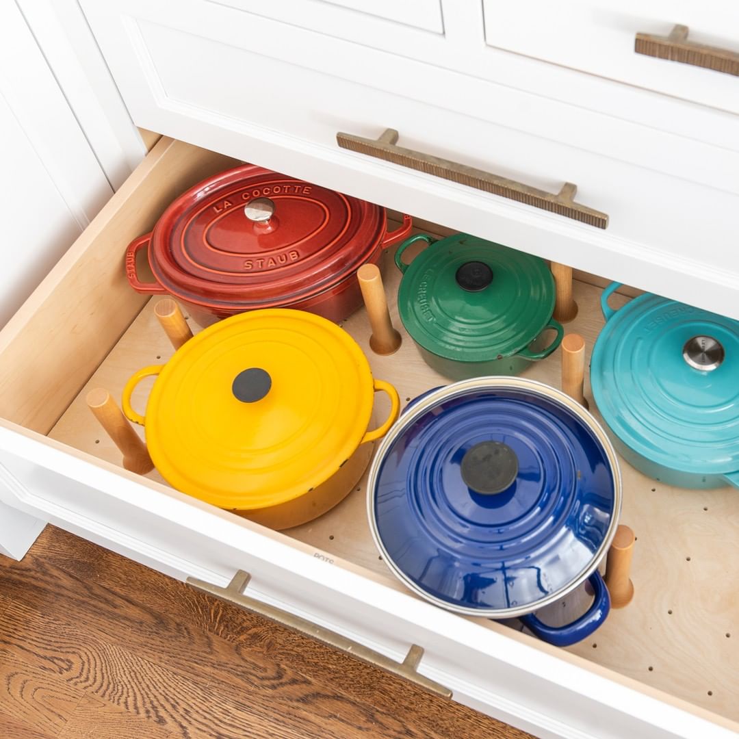 Large Dutch Ovens in a Kitchen Drawer. Photo by Instagram user @rachelorganizes