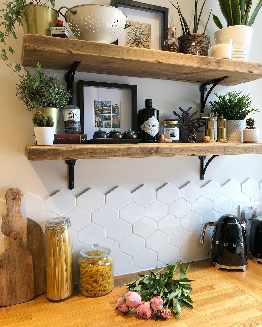Kitchen Wall with Reclaimed Wood Floating Shelves. Photo by Instagram user @beatriceterrace1903