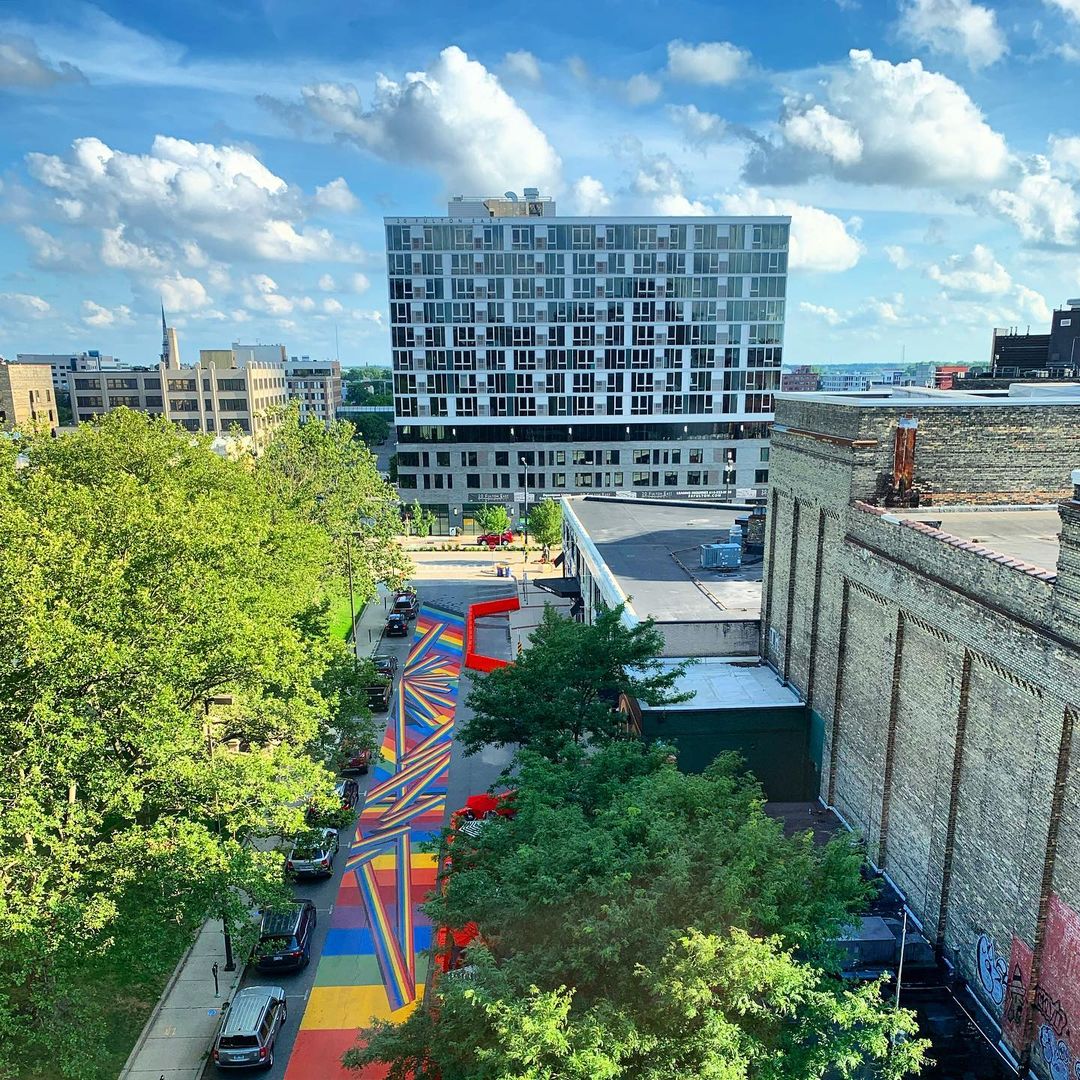 Aerial shot of Rainbow Road LGBTQ pride mural in downtown Grand Rapids. Photo by Instagram user @jonshotwell