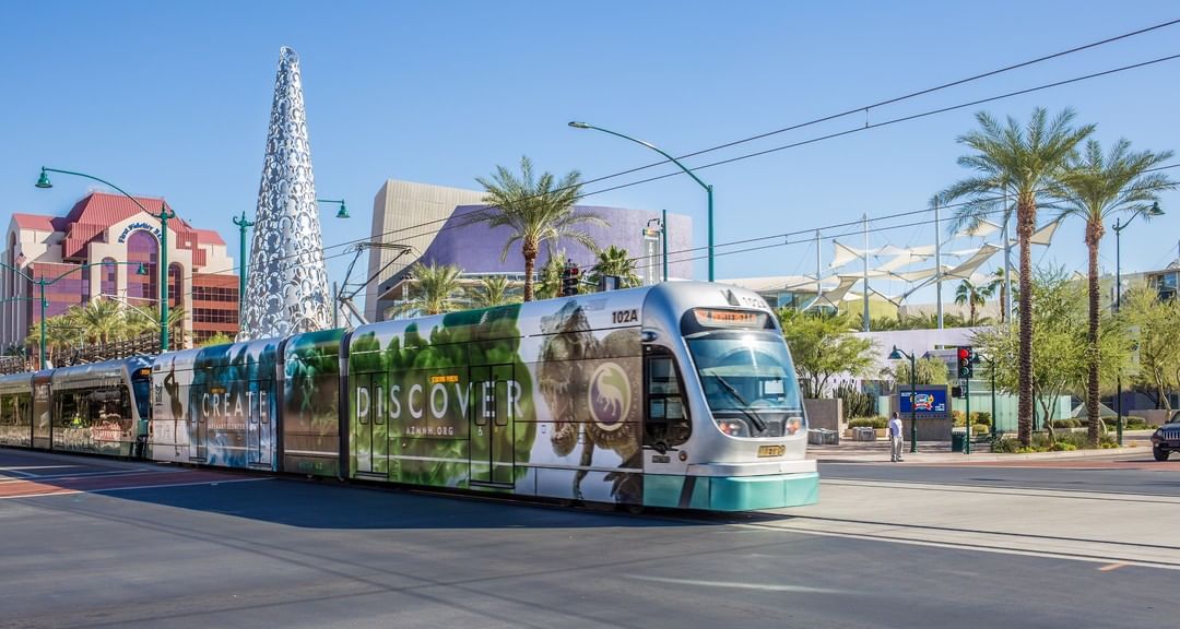 Mesa's Light Rail Running in Downtown Mesa. Photo by Instagram user @visitmesa