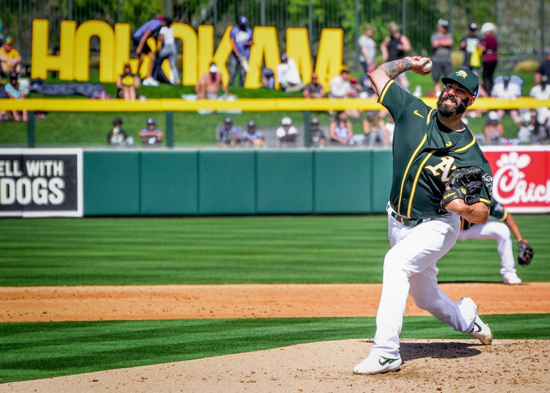Mike Fiers of the Oakland A's Pitching at HoHoKam Stadium in Mesa. Photo by Instagram user @photosalad
