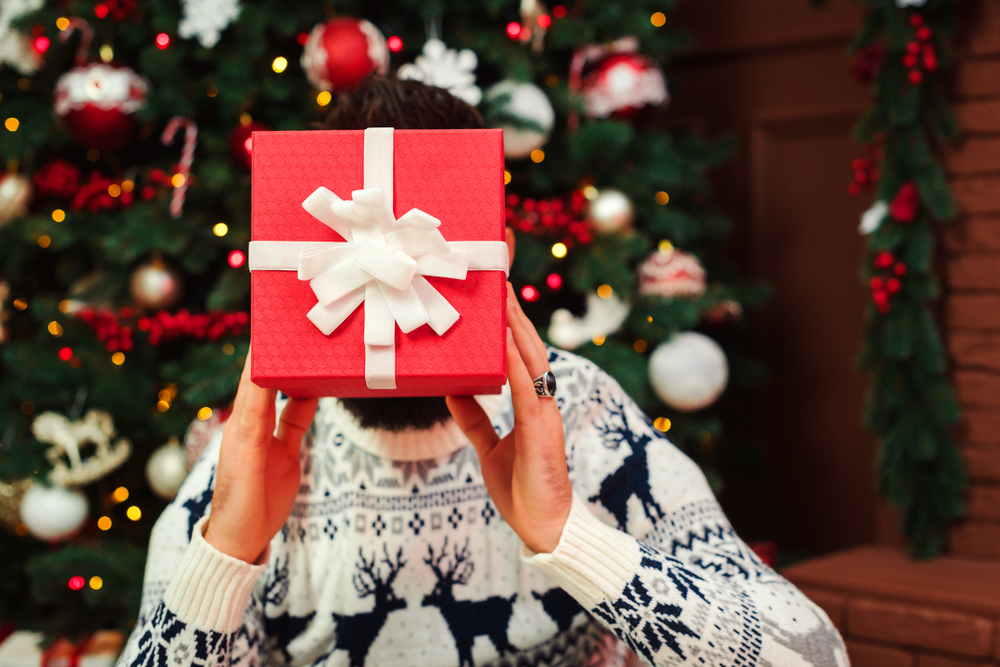 Person Holding a Wrapped Gift in Front of Their Face