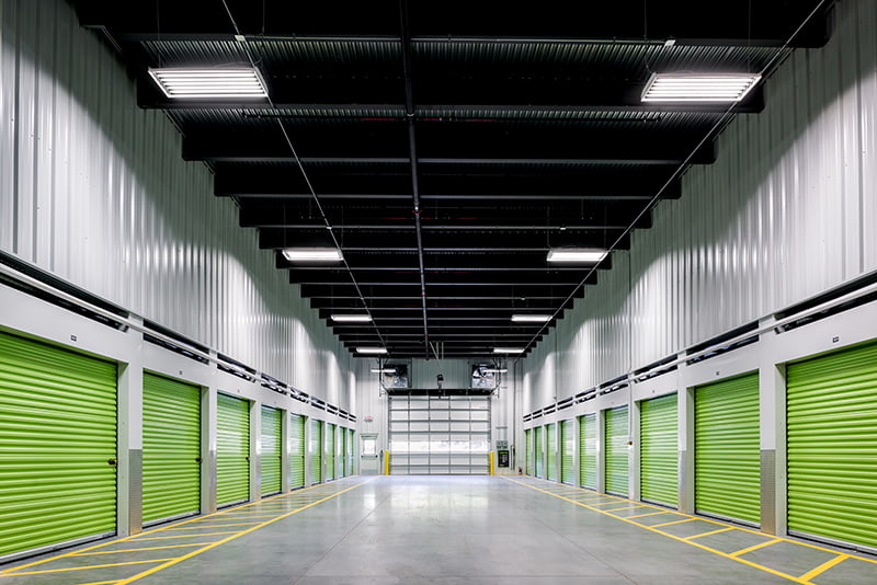 The inside a large indoor storage facility. 