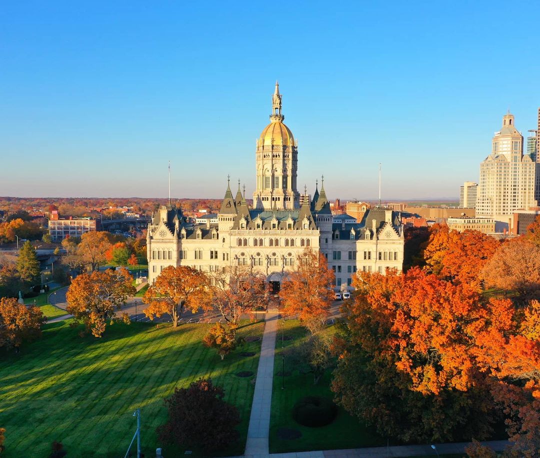 Drone view of the Connecticut State Capitol in Hartford, CT. Photo by Instagram user @roofwalker1.