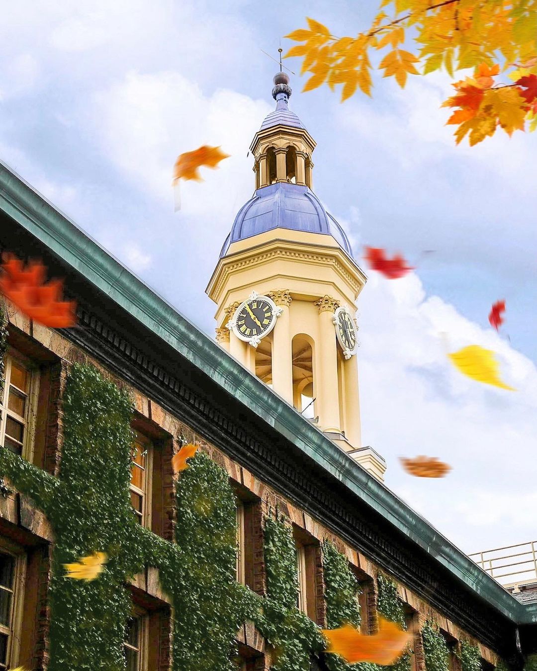 Perspective looking up at a bell tower on the grounds of Princeton University. The building is covered in a rich, green ivy, and autumn leaves of yellow, orange, and red are falling in the photo. Photo by Instagram user @culleyco 