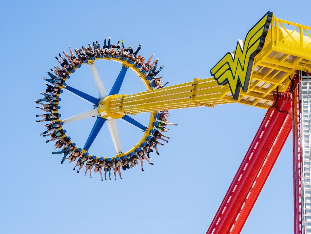 Action shot of the new Wonderwoman Lasso of Truth ride at Six Flags Grand Adventure. Photo by Instagram user @sfgradventure