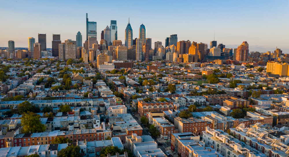 Aerial shot of downtown Philadelphia and surrounding area