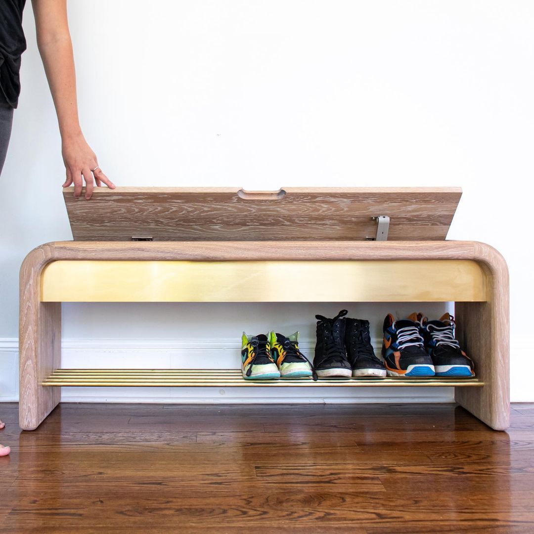 Bench with shoe storage rack underneath.