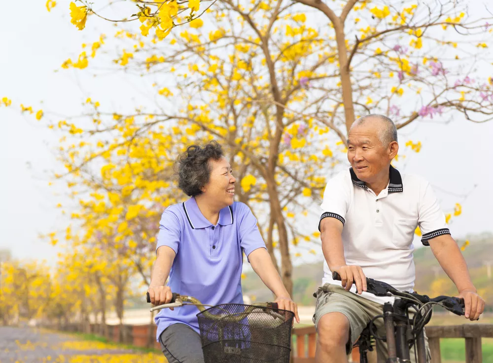 Older Asian Man and Woman Riding Bikes in Fall