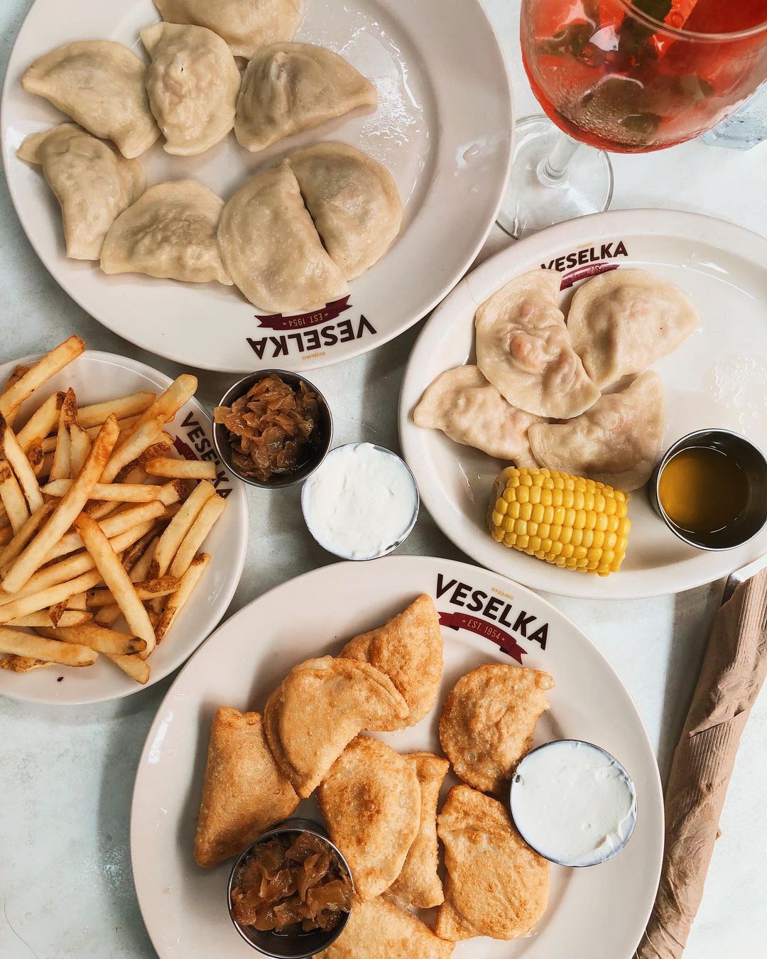 Plates of Food from Veselka Restaurant in the East Village in NYC. Photo by Instagram user @enerianna