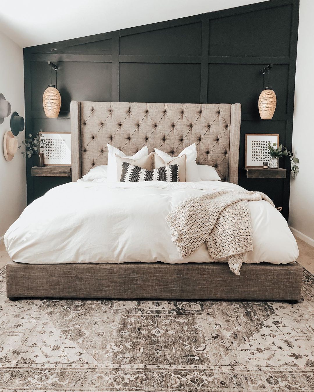 Farmhouse Style Master Bedroom with Board and Batten Feature Wall. Photo by Instagram user @linseywoods.home