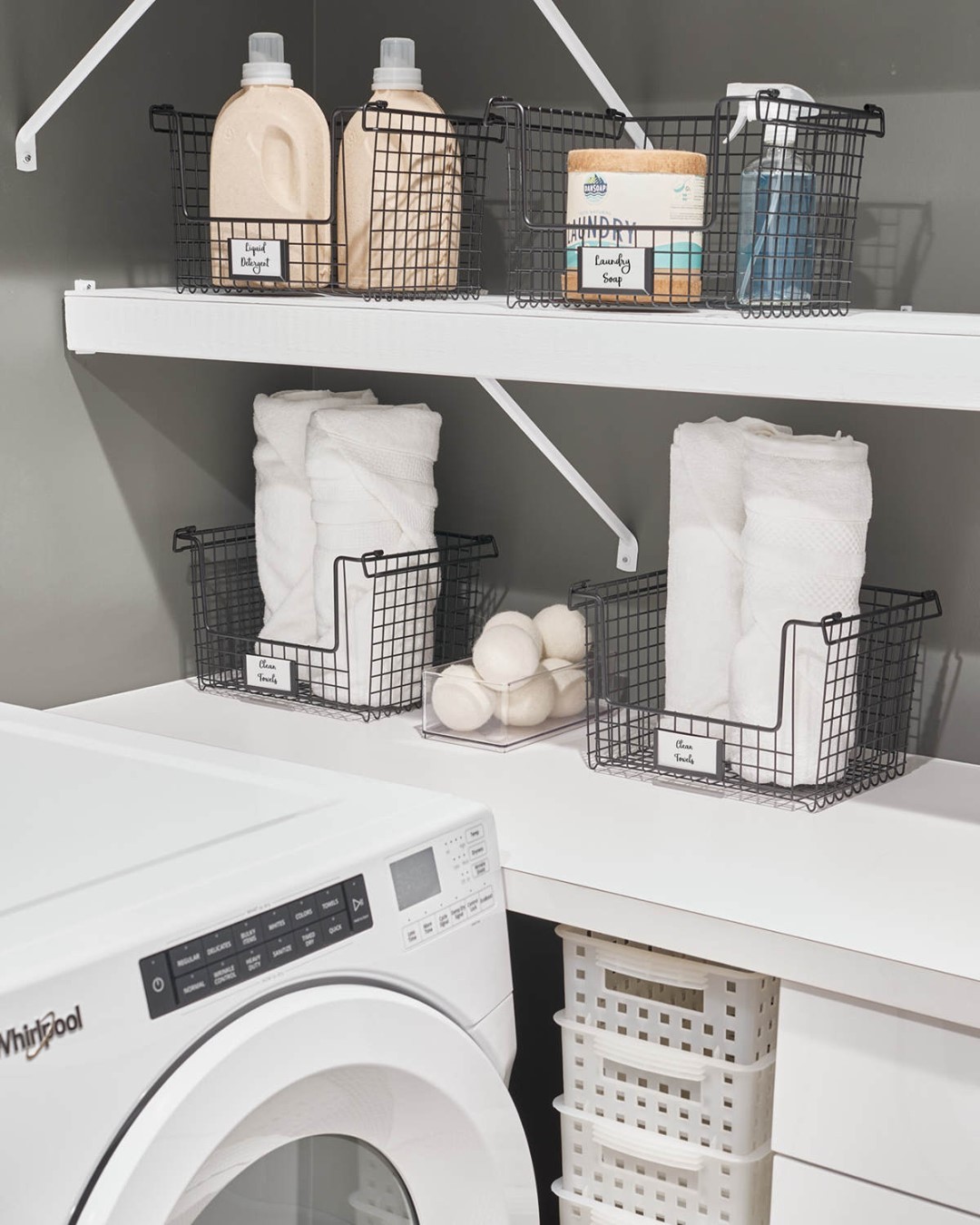 Laundry Room with Open Wire Basket Containers. Photo by Instagram user @idlivesimply