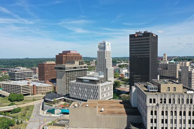Skyline photo of downtown Akron, OH. Photo by Instagram user @patrick_heliosdroneservices.