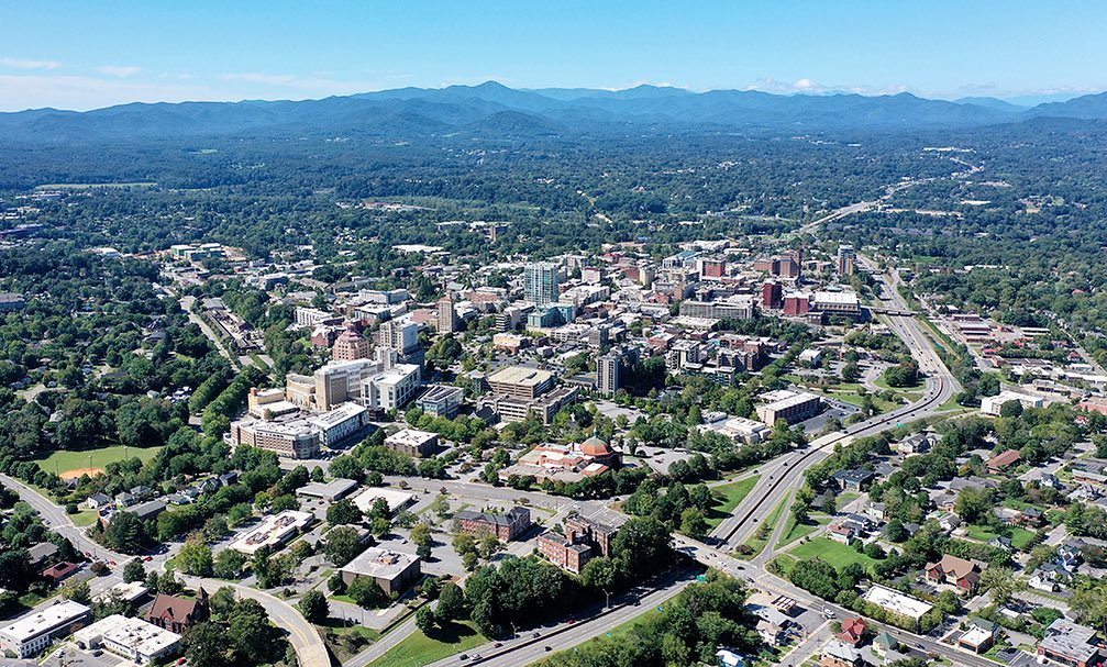Aerial view of Asheville, NC. Photo by Instagram user @joey.herzberg.360.