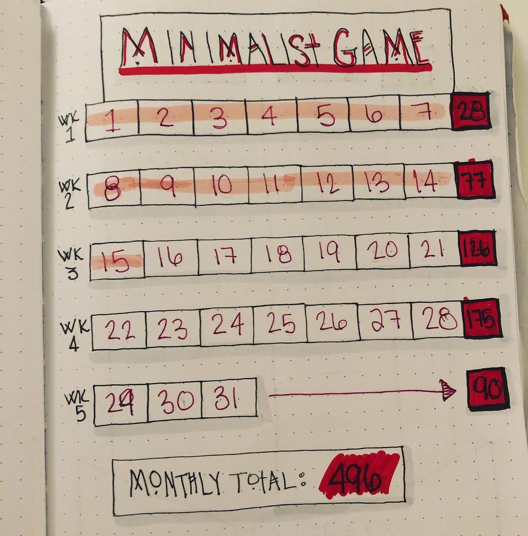 Calendar written on paper to use as a guide for the Minimalist Game. Photo by Instagram user @curvykcreations.