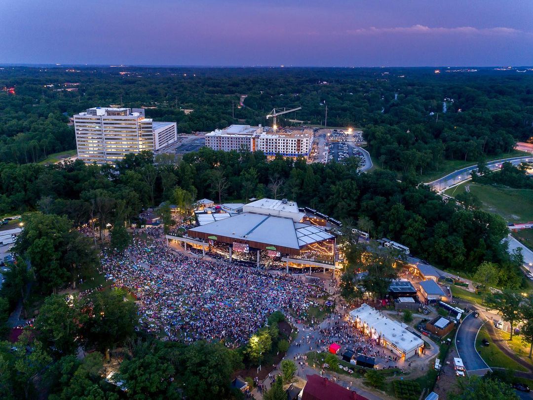 Birdseye view of Merriweather District filled with people in the evening in Columbia, Maryland