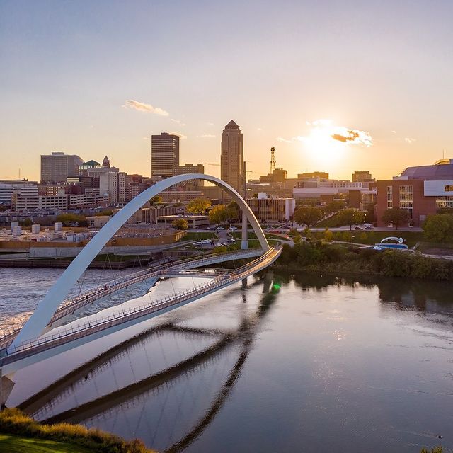 Women of Achievement Bridge with Downtown Des Moines skyline and buildings in the background