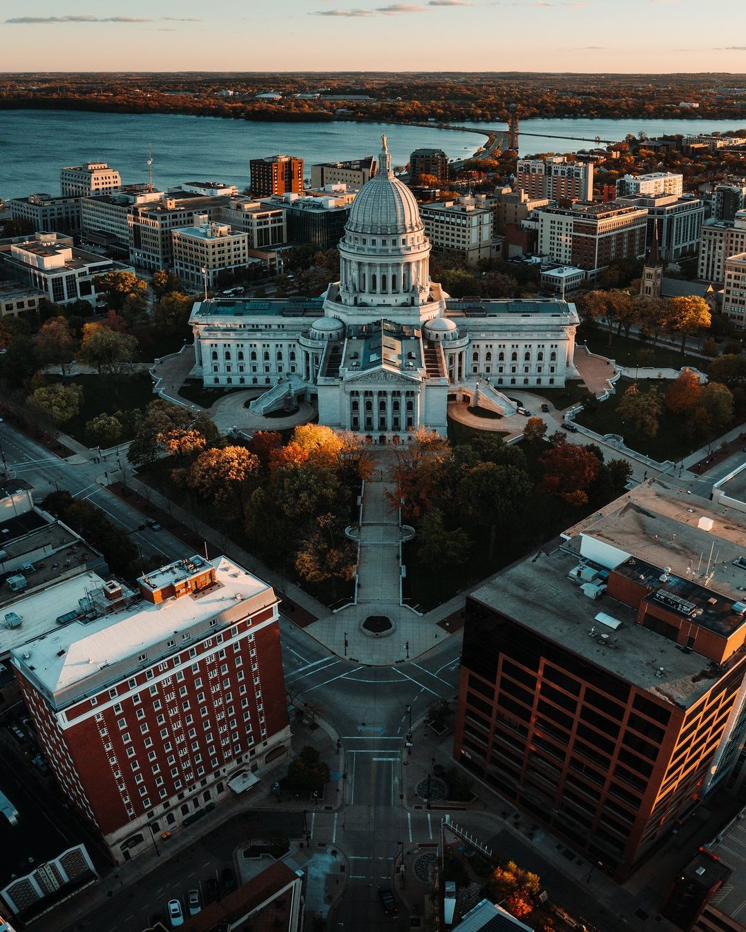 Capital square with government building during a winter sunset in Madison, Wisconsin