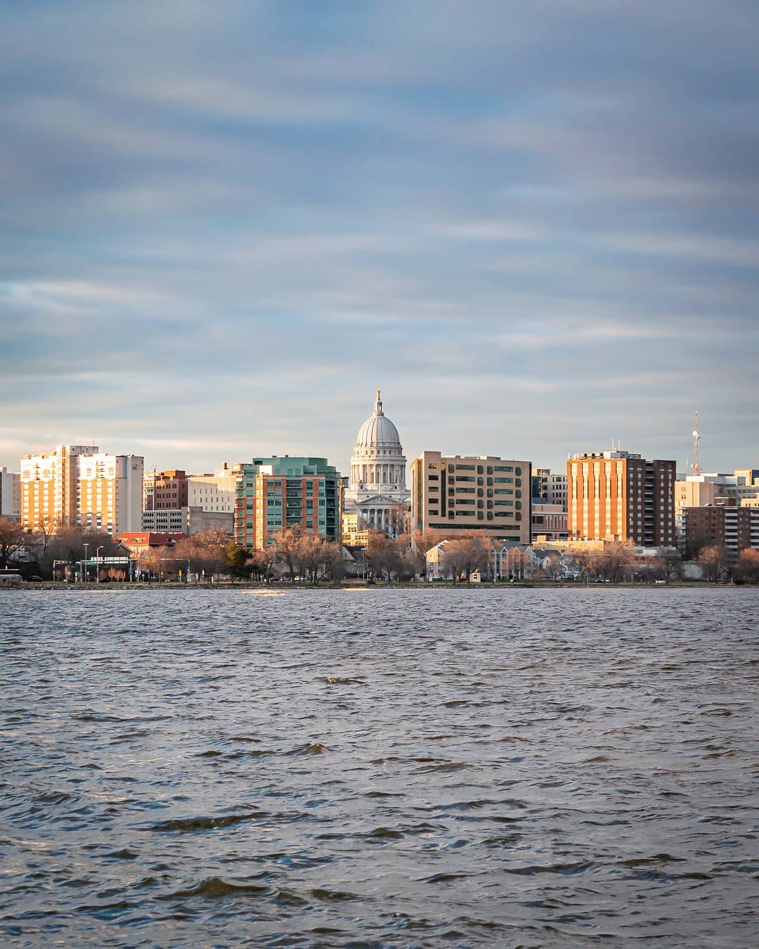 Skyline of Madison, Wisconsin taken from John Nolen Drive during a spring sunset