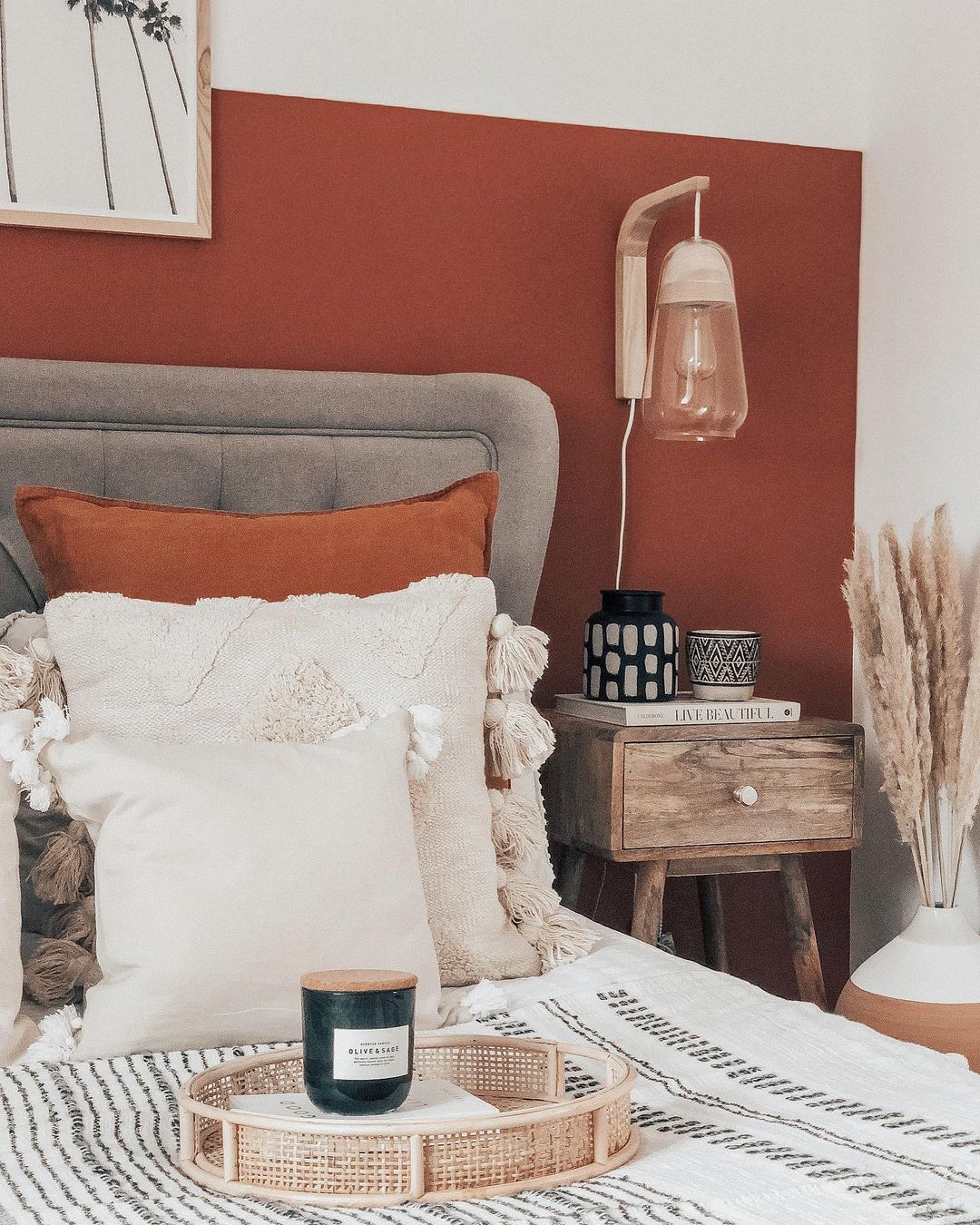 Bedroom pillows and bedding with different textures. Photo by Instagram User @thefox.home