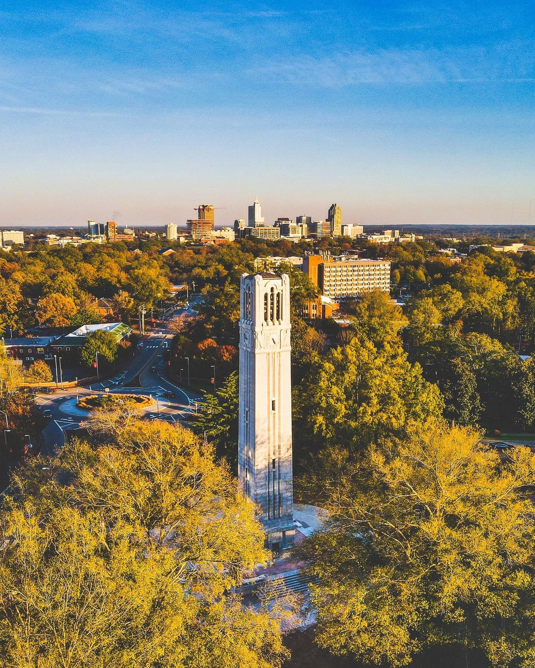 Aerial view of NC State campus clock tower. Photo by Instagram user @jonathan.mcrae
