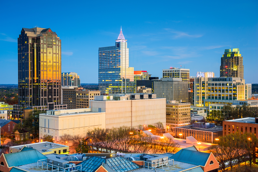 Aerial view of downtown Raleigh, NC at dusk.