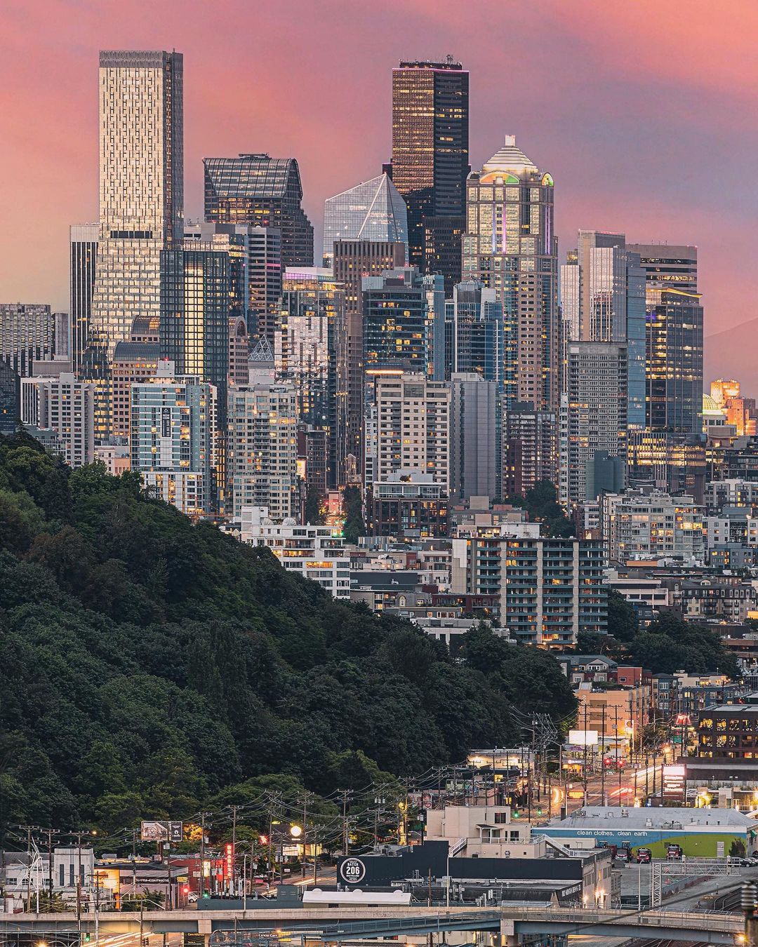 Downtown Seattle, WA Skyline at Dusk with Lights Turning On. Photo by Instagram user @chrisfabregas