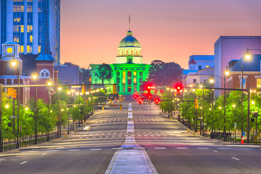 View of State Capitol lit up at night.