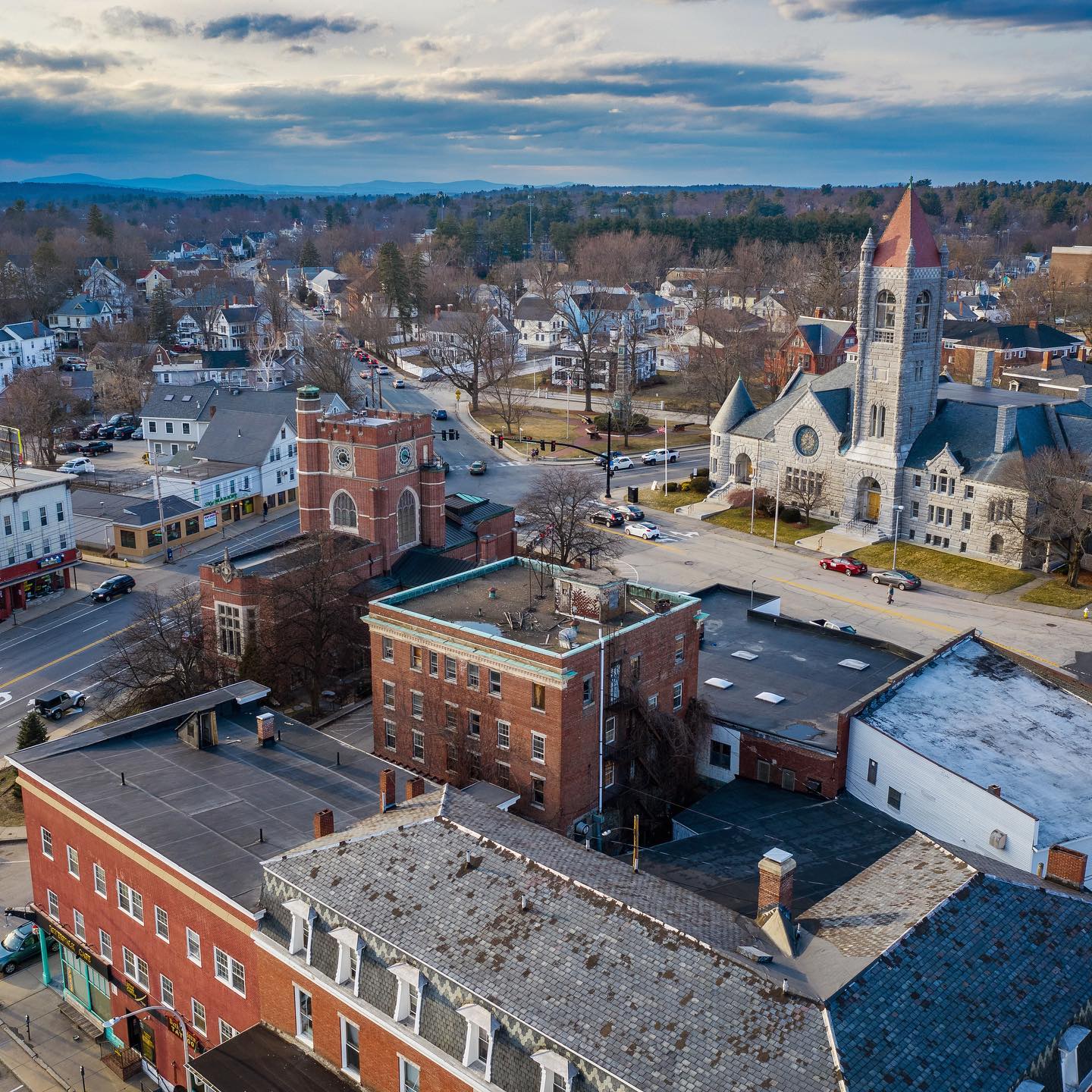 Drone image of buildings in Nashua, NH. Photo by Instagram user @sethjdeweyphoto.