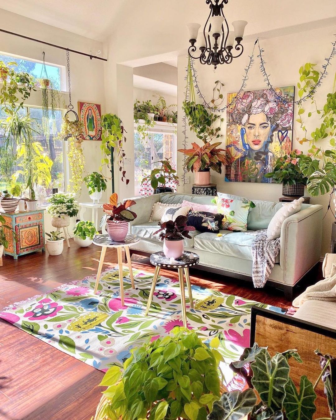Open livingroom with several windows, high ceilings, and over 20 plants, including a pathos, English Ivy, spider plant, and Monstera. The room rug features bright, simple flowers and leaves.
