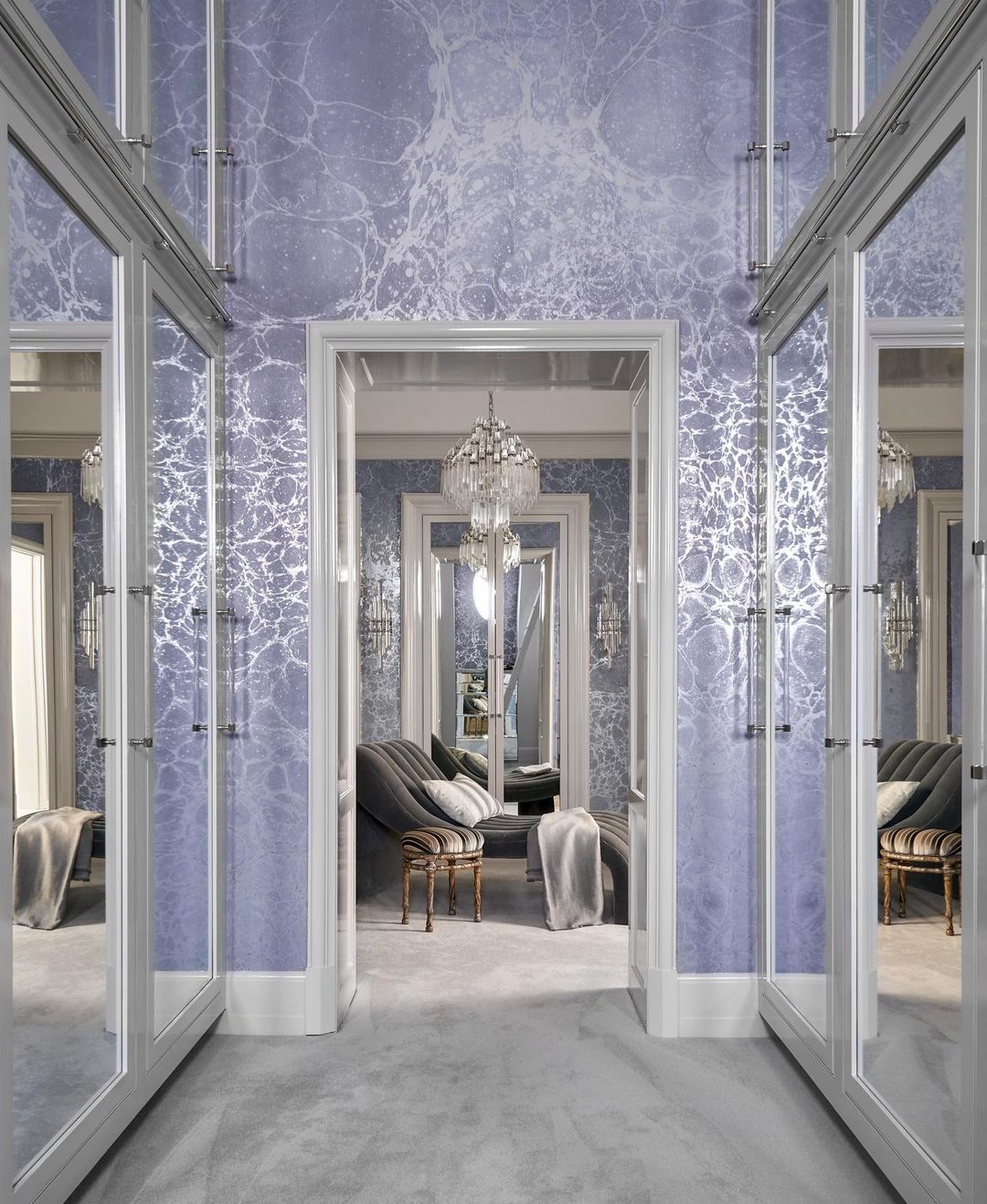 Interior of closet with blue glitter bubble paint from Pantone's Color of the Year on the walls