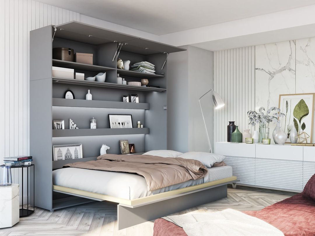 Modern gray murphy bed in a bright bedroom. Photo by Instagram user @arthaussfurniture