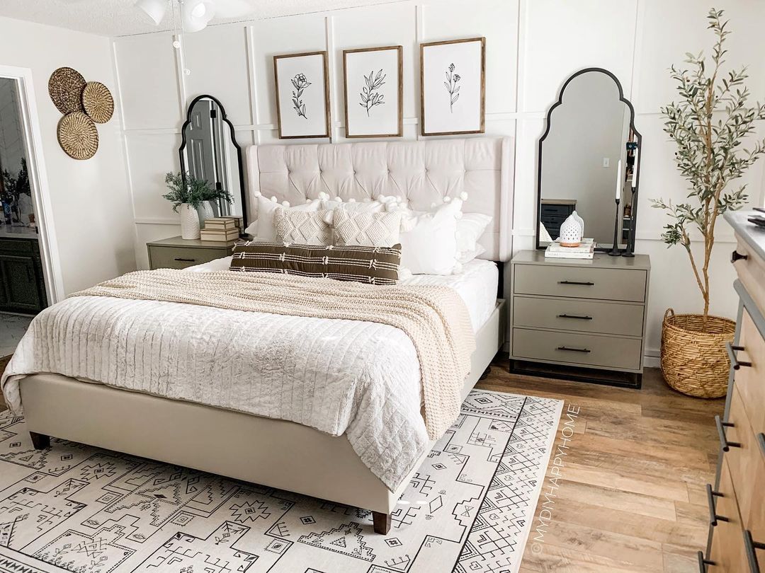 Minimalist gray nightstand in a bright bedroom. Photo by Instagram user @mydiyhappyhome 