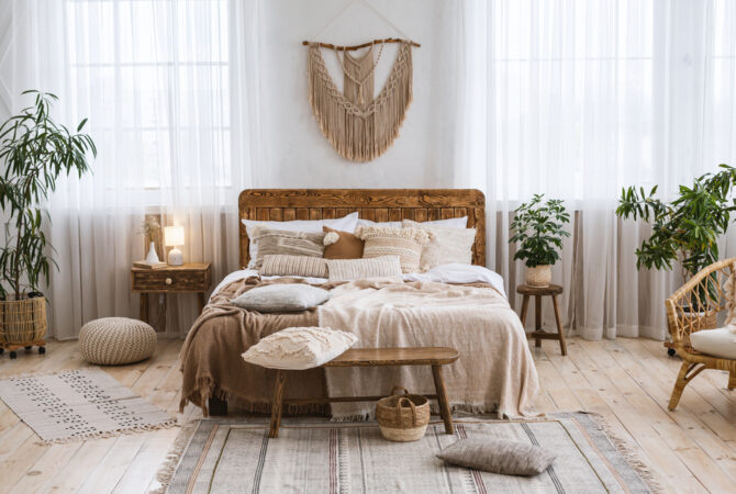 Bedroom decorated with bohemian style