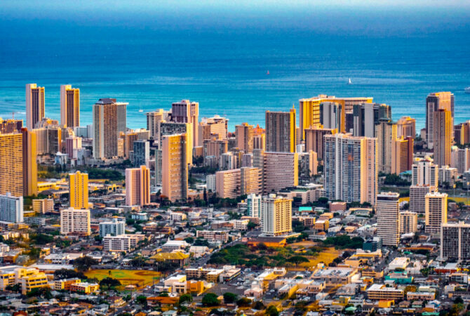 Aerial View of Downtown Honolulu on the Island's Coast