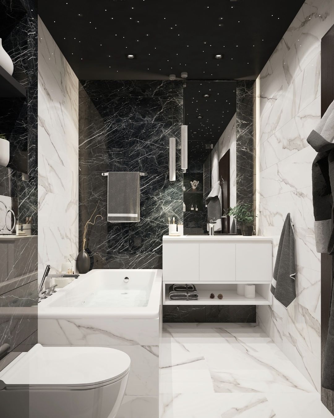 Black-and-white-marble bathroom with sanitized walls and ceiling. Photo by Instagram user @acherno.design.