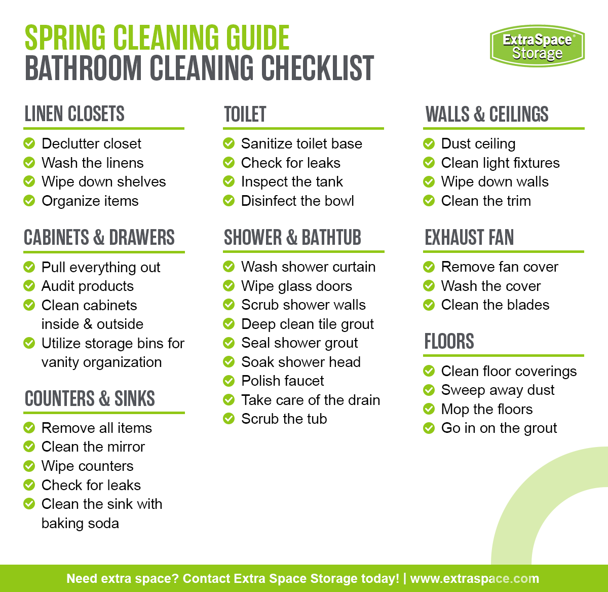 Bathroom cleaning checklist includes cleaning your linen closet, cabinets and drawers, counters and sink, toilet, shower and bathtub, wall and ceilings, exhaust fan, and floors. 
