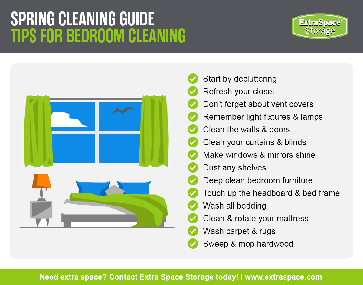 Bedroom Spring cleaning tips include start by decluttering, refresh your closet, don’t forget about vent covers, remember light fixtures and lamps, clean the walls and doors, clean your curtains and blinds, make windows and mirrors shine, dust any shelves, deep clean bedroom furniture, touch up the headboard and bed frame, wash all bedding, clean and rotate your mattress, wash carpet and rugs, sweep and mop hardwood. 