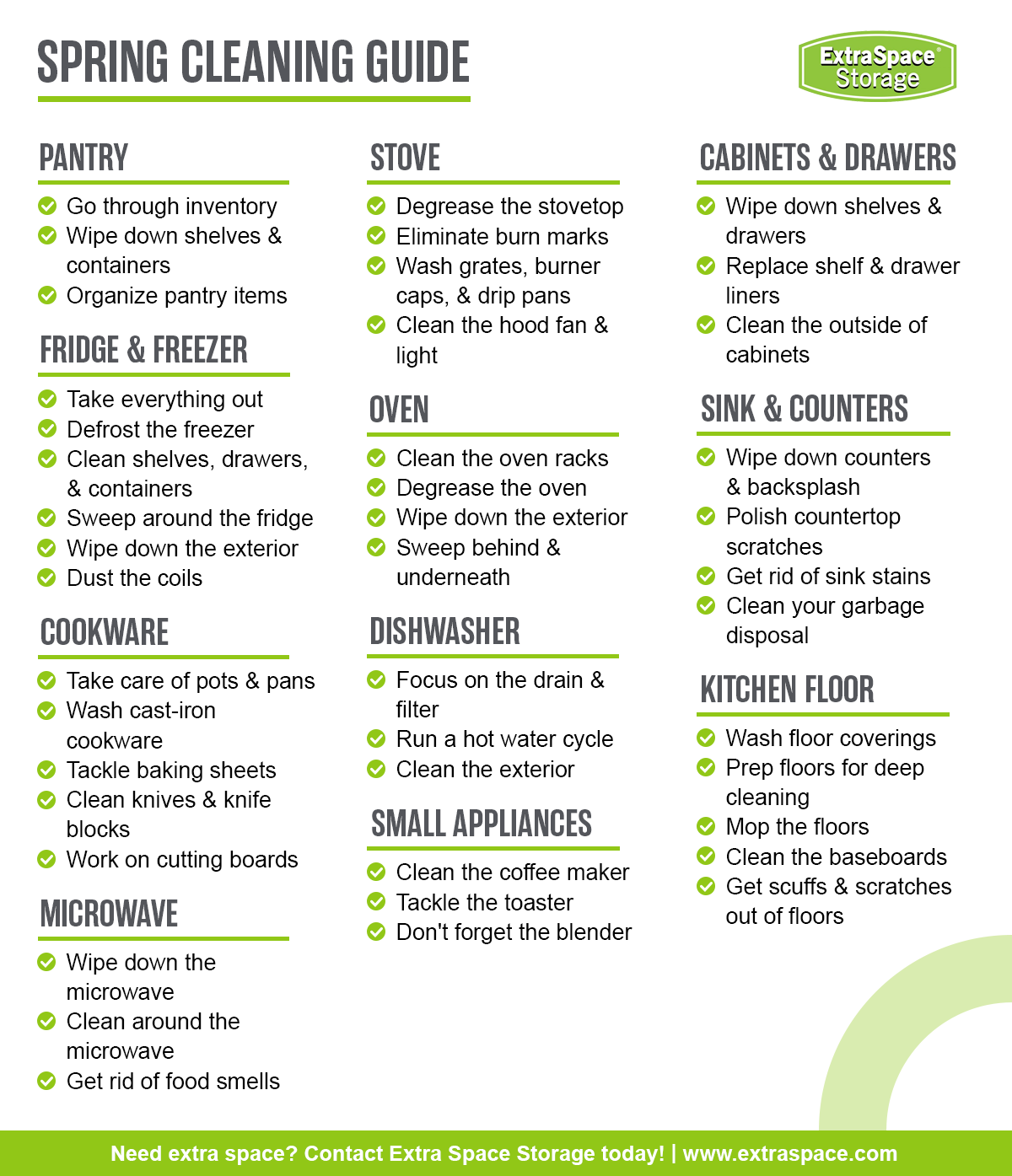 Spring cleaning guide includes cleaning your pantry, fridge and freezer, cookware, microwave, stove, oven, dishwasher, small appliances, cabinets and drawers, sink and counters, and kitchen floor.