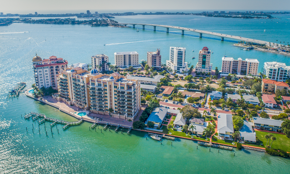 Aerial shot of the coast off Sarasota, FL.