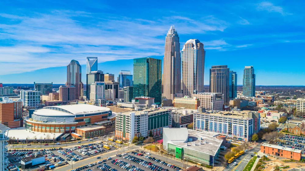 Aerial photo of Downtown Charlotte, North Carolina on a sunny day.