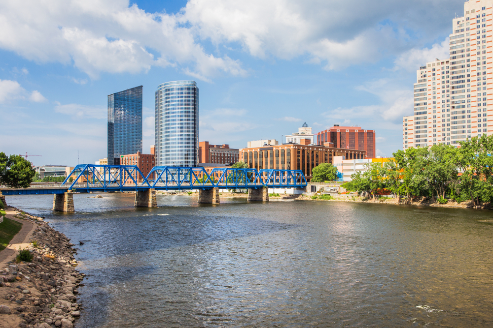 View of Downtown Grand Rapids with the Blue Footbridge