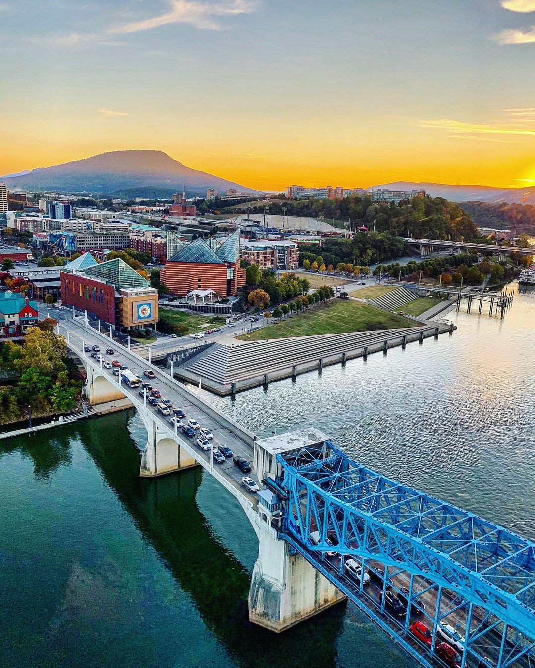 Chief John Ross Bridge Going Across the Tennessee River toward Downtown Chattanooga. Photo by Instagram user @rockcreekaviation