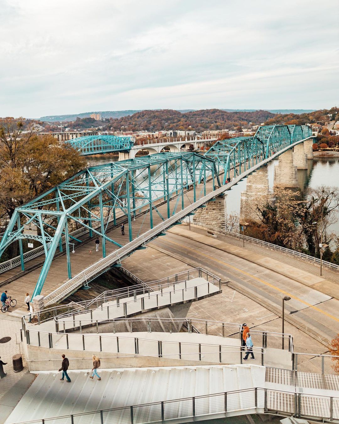 Photo of the Riverwalk Bridge in Downtown Chattanooga. Photo by Instagram user @gagetucker_