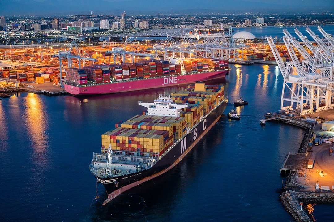 Twilight photo of a barge in the Port of Long Beach. Photo by Instagram user @portoflongbeach.