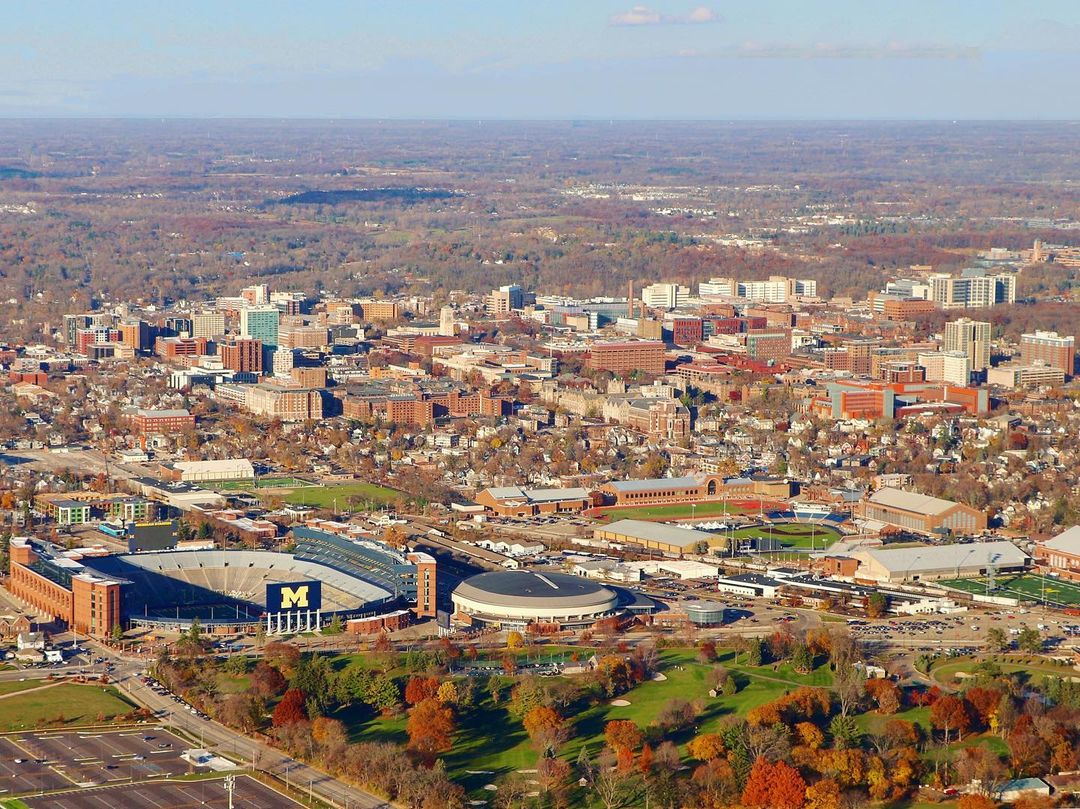 Drone Shot of Ann Arbor, MI with The Big House in View. Photo by Instagram user @tannnnnnxt