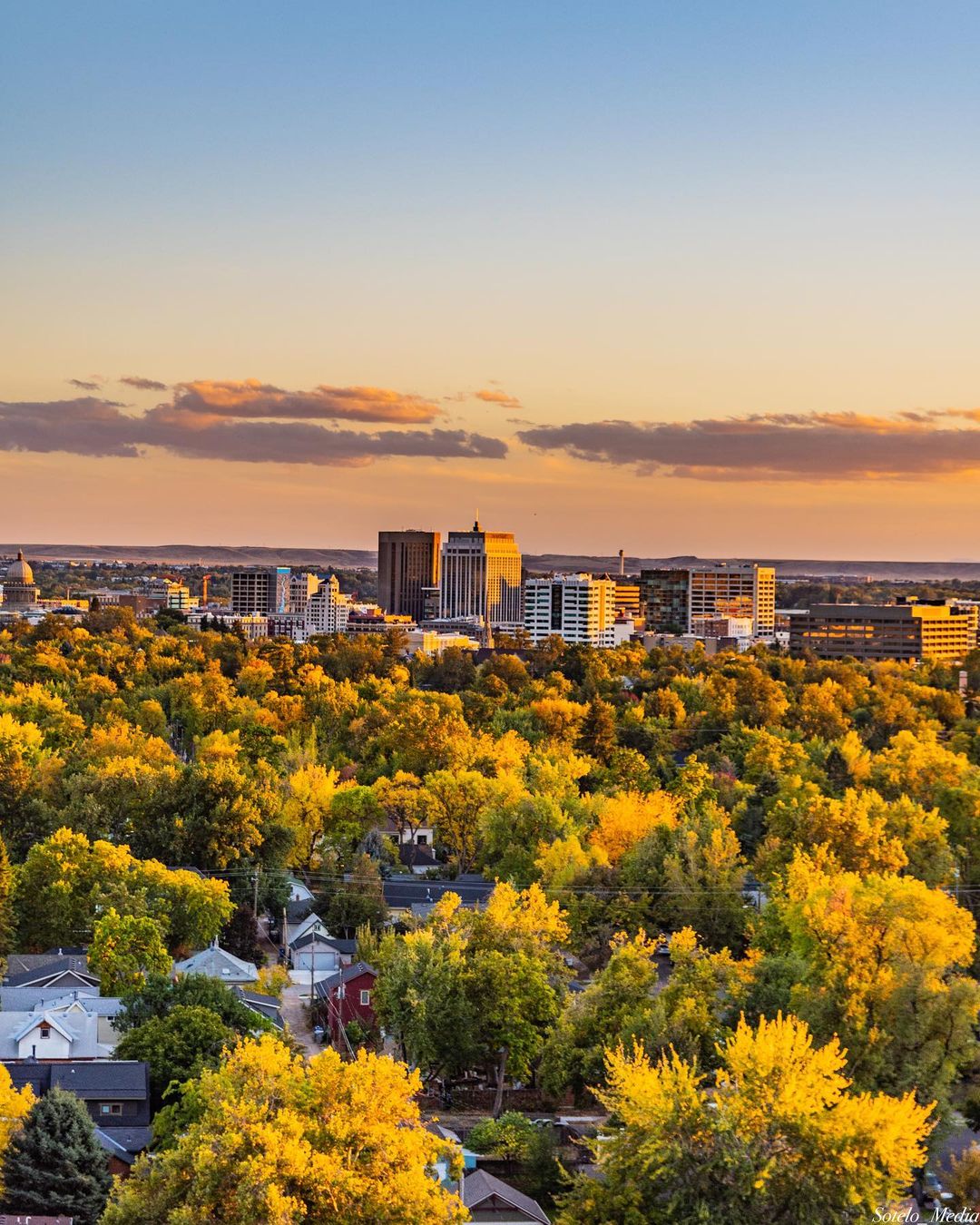 Aerial View of Downtown Boise, ID with Lots of Trees. Photo by Instagram user @sotelo_media