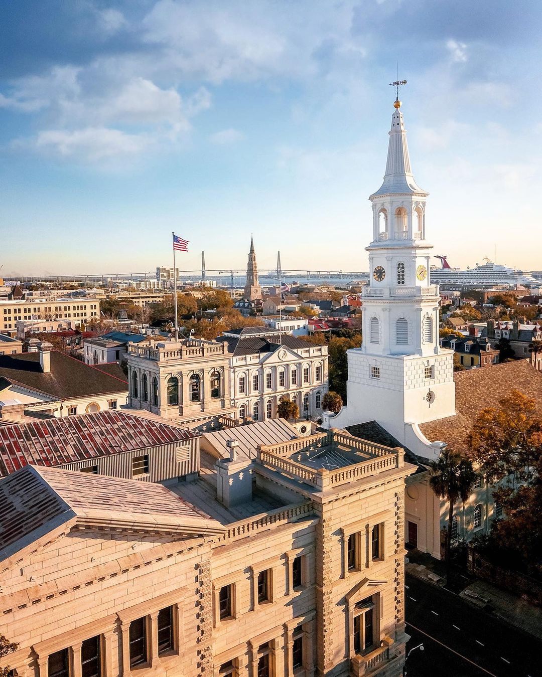 Drone Photo of Charleston, SC with St. Michael's Church in View. Photo by Instagram user @mikehabat