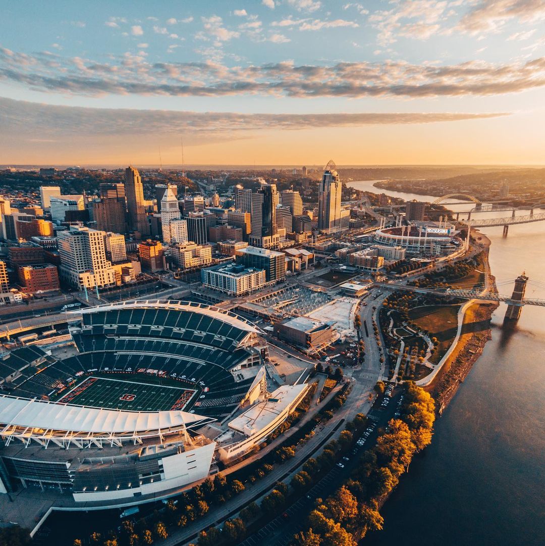 Early Morning Photo of Downtown Cinicinnati, OH with Paul Brown Stadium Visible. Photo by Instagram user @phantomphotos_